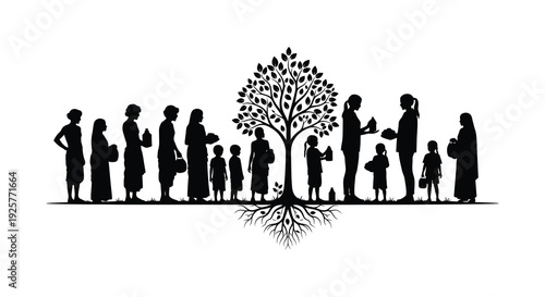 Family gathering under a tree depicted in a striking black silhouette