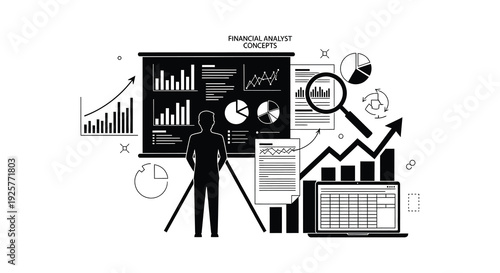 Financial analyst presenting data with charts and graphs black silhouette