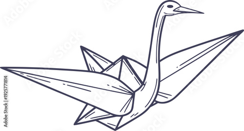 Folded paper crane in dark blue lines on white origami white background