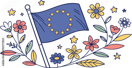 European Union flag surrounded by colorful flowers and stars colorful greeting card