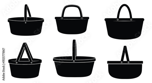 Collection of various black picnic baskets displayed in a grid silhouette