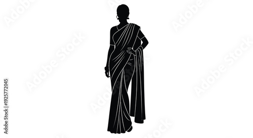 Elegant woman in traditional sari full body view striking black silhouette
