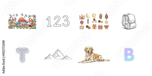 Colorful and on black isolated on a transparent background mushrooms flowers numbers