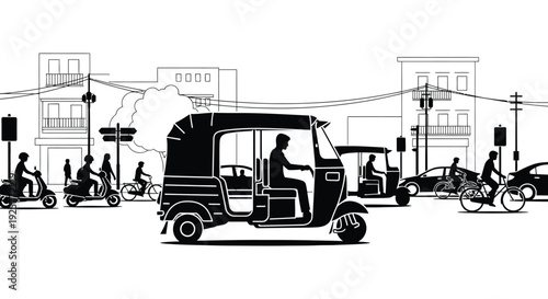 Busy city street scene with auto rickshaws and people black silhouette