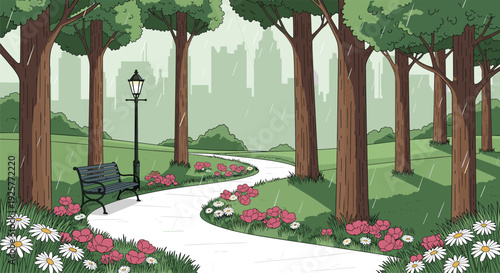 Peaceful city park landscape during rain with winding path wooden bench street lamp pink flowers and distant urban skyline.