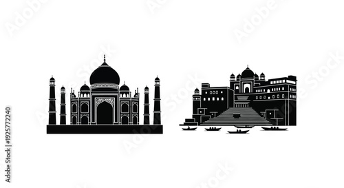Taj mahal and hawa mahal india monuments in black silhouette