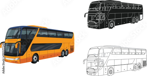 Set of modern yellow double decker bus illustrations including realistic color flat black silhouette and simple line art outline.
