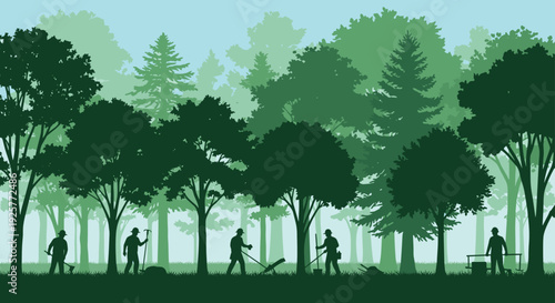 Beautiful green silhouette vector illustration depicting professional forest workers and gardeners performing landscape maintenance among tall lush pine trees.