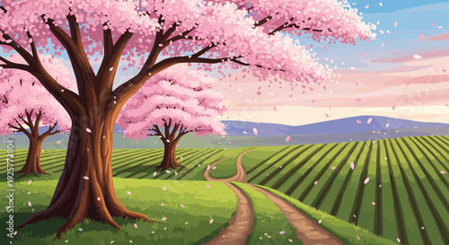 Beautiful spring landscape scenery with large pink cherry blossom trees dirt path and green agricultural fields leading to horizon.