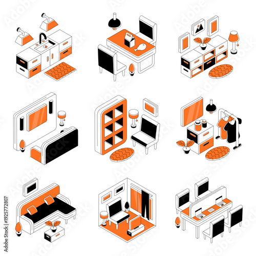 Set of Furniture Isometric Illustrations 