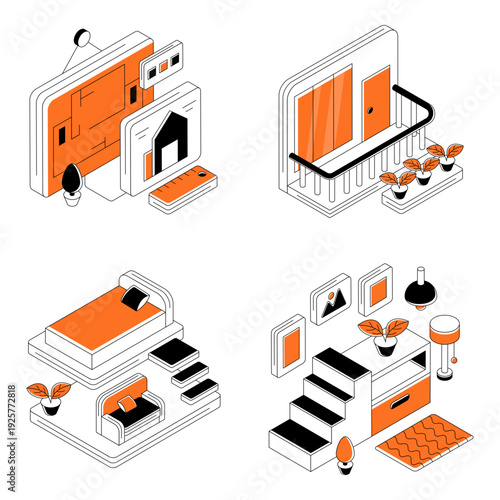 Set of Home Furnishings Isometric Illustrations 