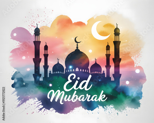 Eid Mubarak greeting card design with mosque silhouette under night sky and crescent moon in a beautiful urban skyline illustration