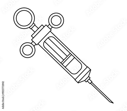 Hand drawn cute outline illustration of vintage syringe. Flat vector reusable injection medical tool line art doodle. Health care treatment sticker, icon. Old vaccination instrument. Isolated.