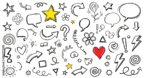 Hand drawn doodle icons set with various symbols and shapes.