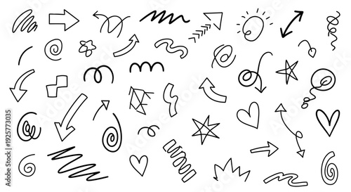 Collection of Hand Drawn Arrows, Hearts, Stars and Various Shapes.