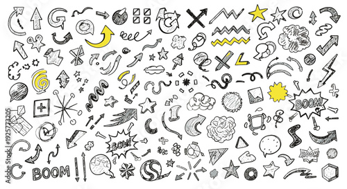 Collection of various hand drawn doodles and comic elements.