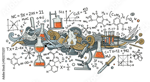 Chemistry Laboratory Equipment and Formulas Illustration.