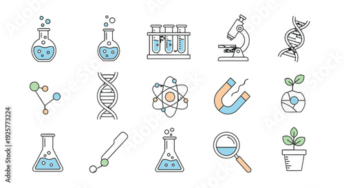 Collection of simple line icons representing scientific concepts and laboratory equipment.