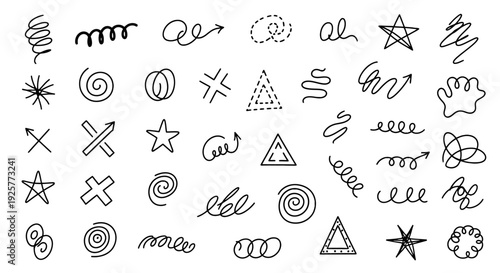 Collection of Hand-Drawn Symbols and Icons in Black Ink.
