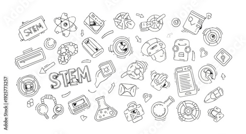 Collection of Hand Drawn STEM Icons and Symbols.