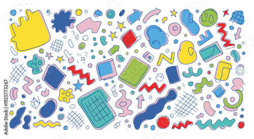 Vibrant abstract shapes and patterns in a playful composition.