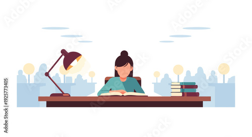 Student studying at desk with lamp and books in minimalist style