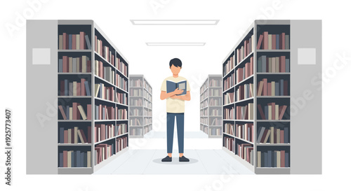 Young adult reading in a modern library with bookshelves