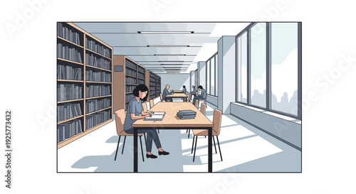 Modern library setting with people reading and studying in a calm atmosphere