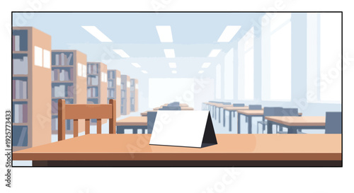 Minimalist library interior with study tables and bookshelves in flat design