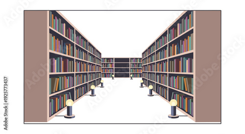 Elegant symmetrical library aisle with modern lighting and book collection