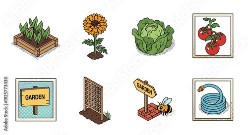 Retro gardening elements: vegetables, flowers, and tools in vintage style