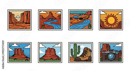 Retro travel adventure with desert landscapes and outdoor icons