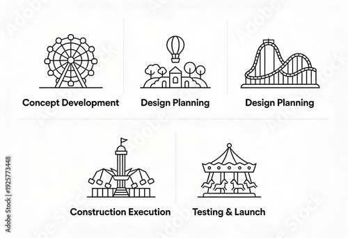 Streamlined Project Lifecycle Visualization for Amusement Park Development Showcasing Concept Development Design Planning Construction Execution and Testing Launch Stages