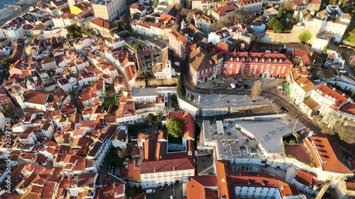 Lisbon Alfama to Praca do Comercio – Top Down Sunrise Aerial