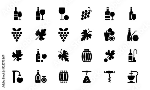 Modern winery and wine production glyph icons isolated symbol set vector illustration, easily editable.