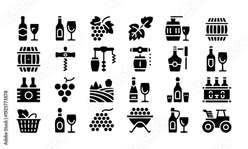 Beverage industry wine glyph icons collection isolated icon pack vector illustration, easily editable.