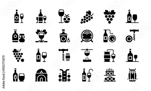 Wine production and vineyard glyph icon set black silhouette symbols vector illustration, easily editable.