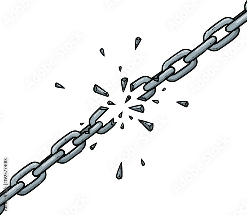 hand drawn style vector illustration of breaking metal chains with gray fills and black outlines representing freedom and strength for conceptual designs