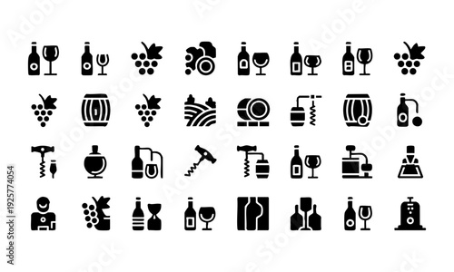 Winery and vineyard pictogram icons isolated black silhouette set vector illustration, easily editable.