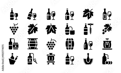 Wine glyph icon set with winery vineyard and beverage symbols vector illustration, easily editable.