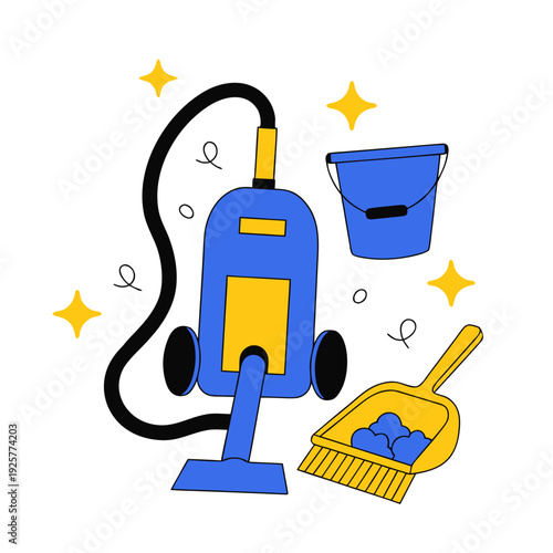 A blue vacuum cleaner with a yellow and black handle and a blue bucket