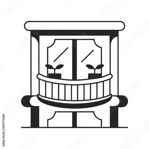 A black and white image of a covered porch with plants