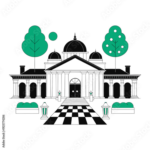 A large white building with a black and white checkered walkway