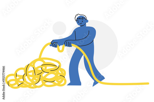 Man Untangling Messy Rope Representing Problem Solving and Process Improvement Concept. Character Vector illustration design.