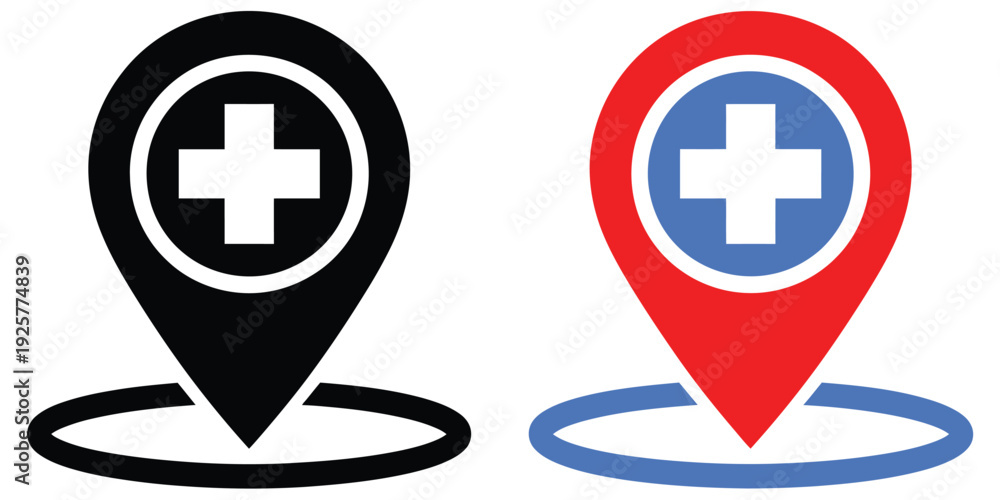 Fototapeta premium Hospital location icon set, pharmacy and medical facility location symbols, including doctor coordinates, vector icons for maps, healthcare apps, navigation, and public health services.