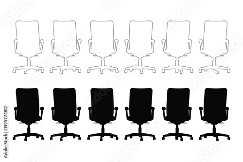 Office Chair Silhouettes, Black and White, Outline and Solid