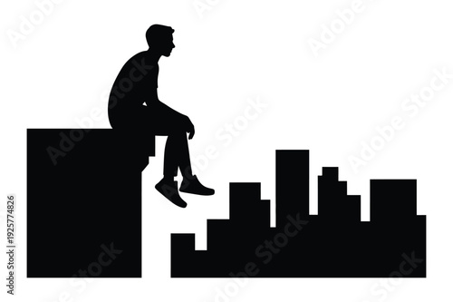 Man Sitting on Edge of Building Overlooking City Skyline