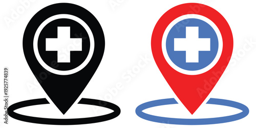 Hospital location icon set, pharmacy and medical facility location symbols, including doctor coordinates, vector icons for maps, healthcare apps, navigation, and public health services.