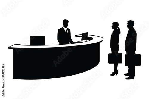 Business people queue at reception desk silhouette