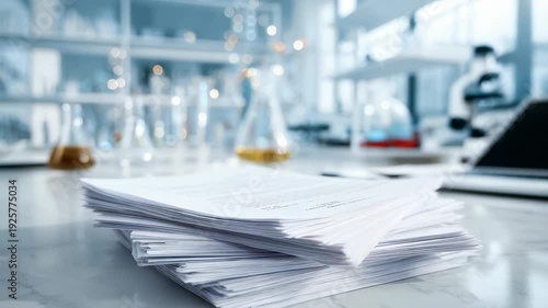 Papers are neatly stacked in the foreground of a laboratory filled with beakers, flasks, and advanced scientific tools. The scene conveys a sense of research, discovery, and academic productivity